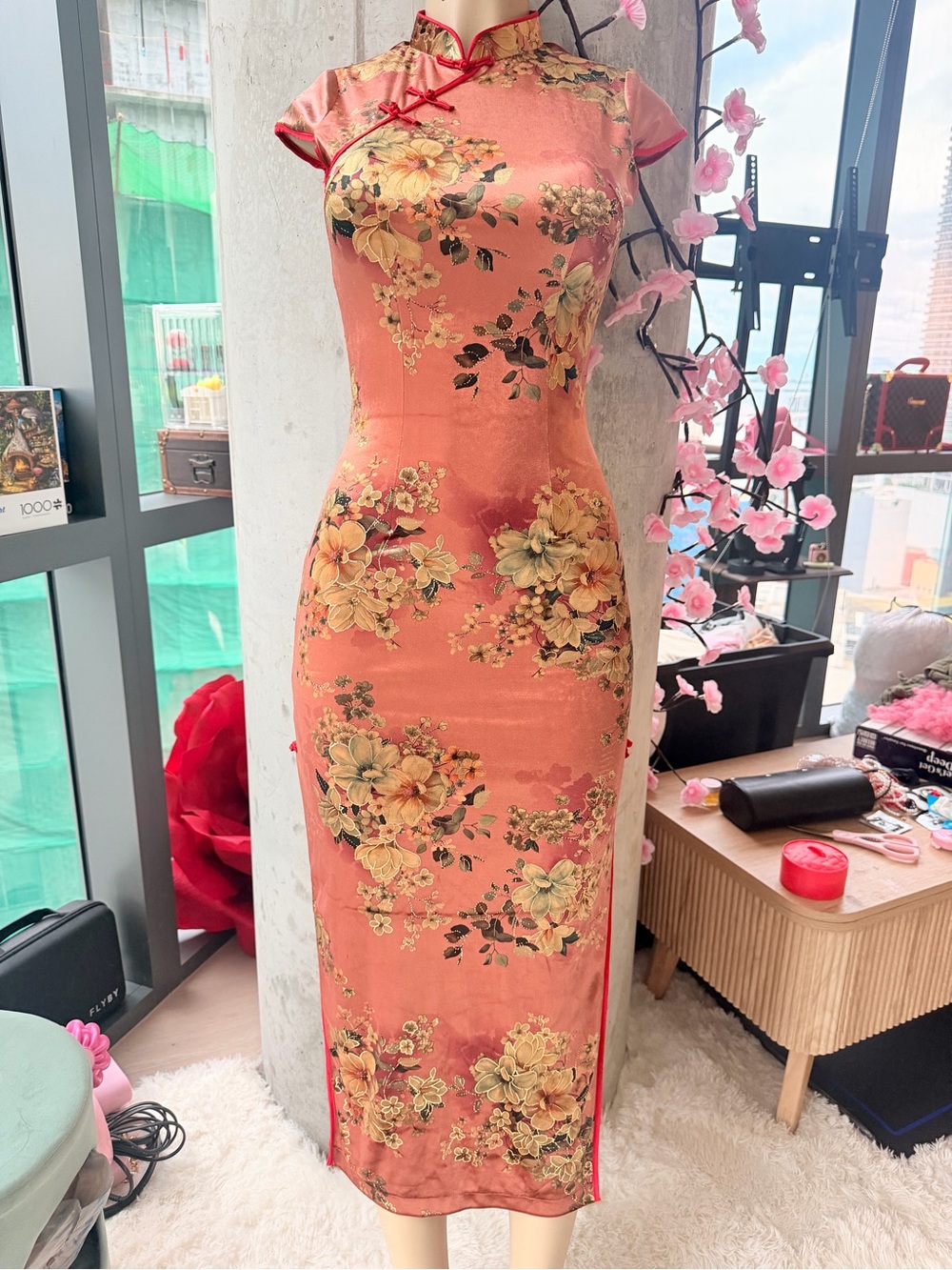 Authentic Peach Cheongsam Qipao Shortsleeved Floral Velvet MIDI Dress with Slits